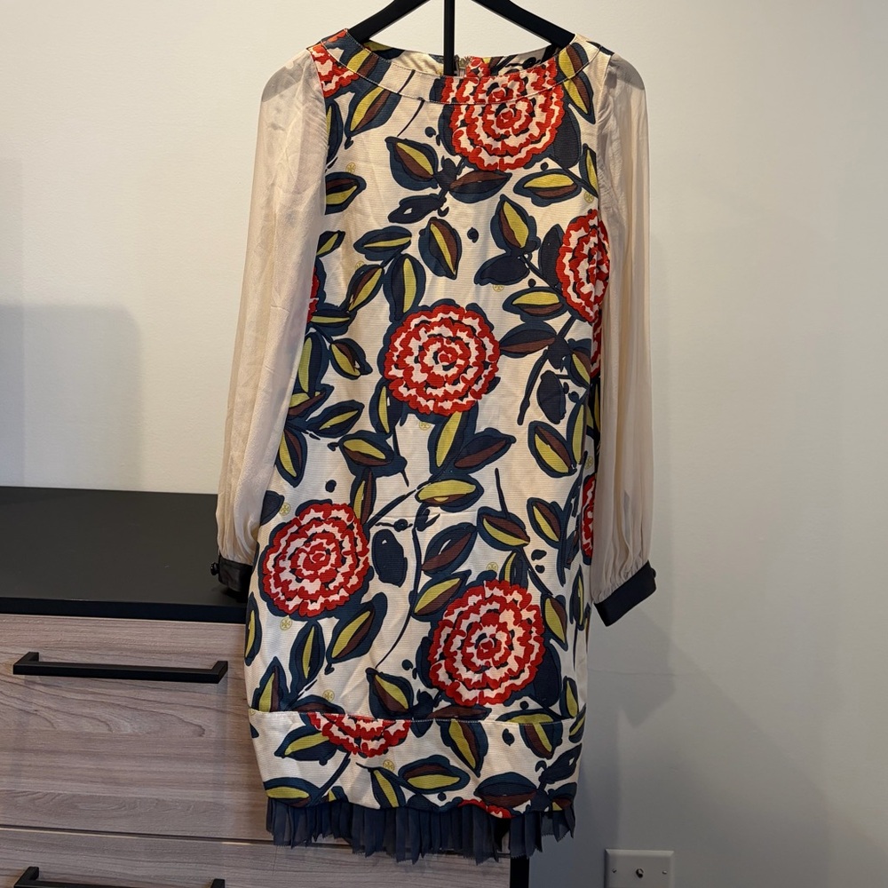 Tory Burch Red and Blue Floral Long Sleeve Dress